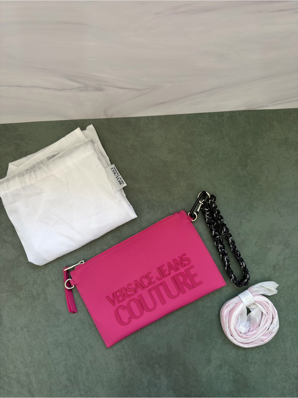 Versace Jeans Collection Hot Pink Embossed Logo Wristlet with Black Chain